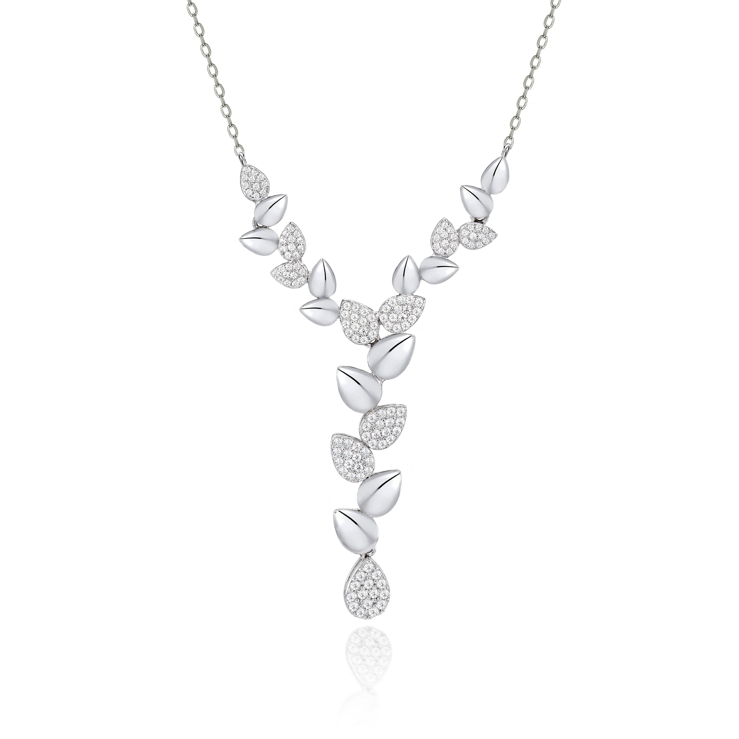 The Real Effect Silver CZ Large Leaf Necklace RE53414