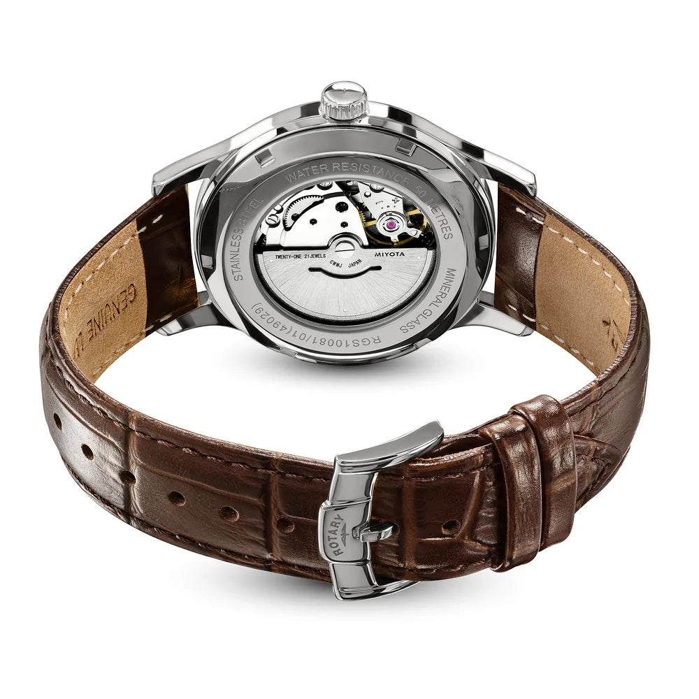 Rotary 1895 Men's Automatic Leather Strap Watch RGS10081/01 REAR