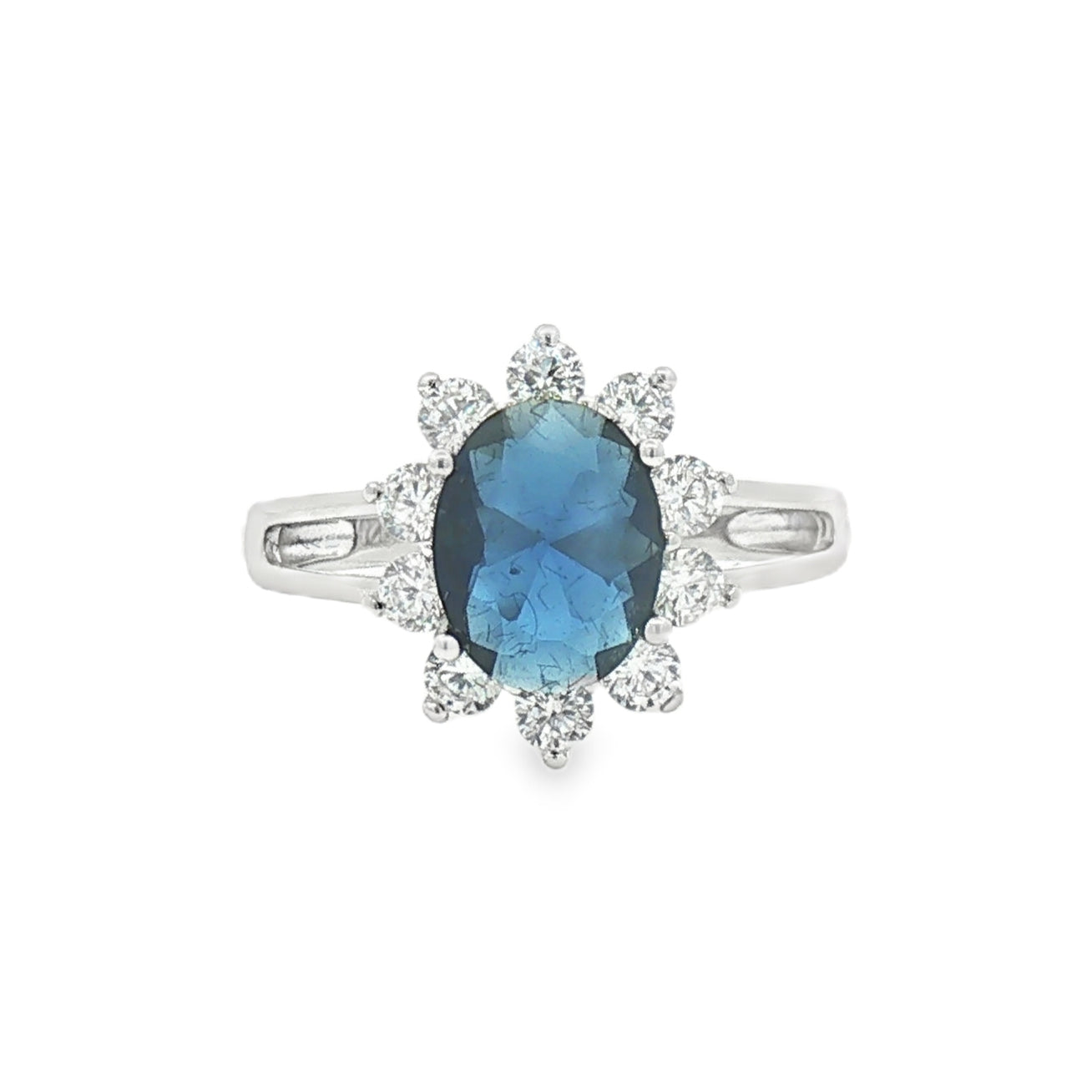 Silver Blue & White CZ Oval Cluster Ring
