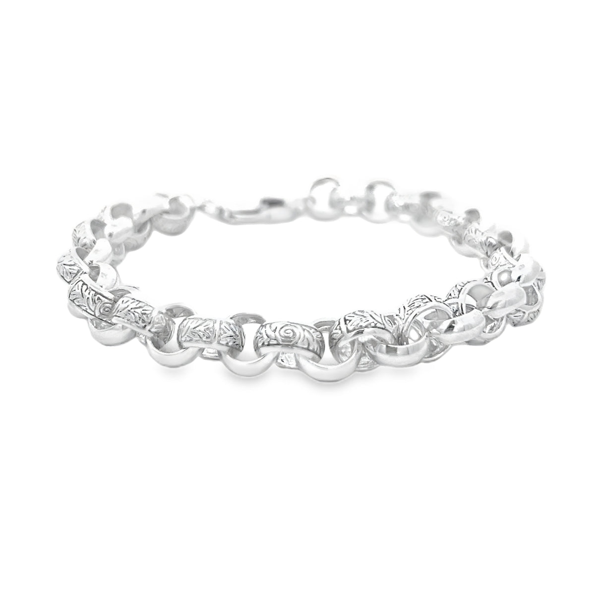 Sterling Silver Men's 9mm Round Patterned Link Belcher Bracelet