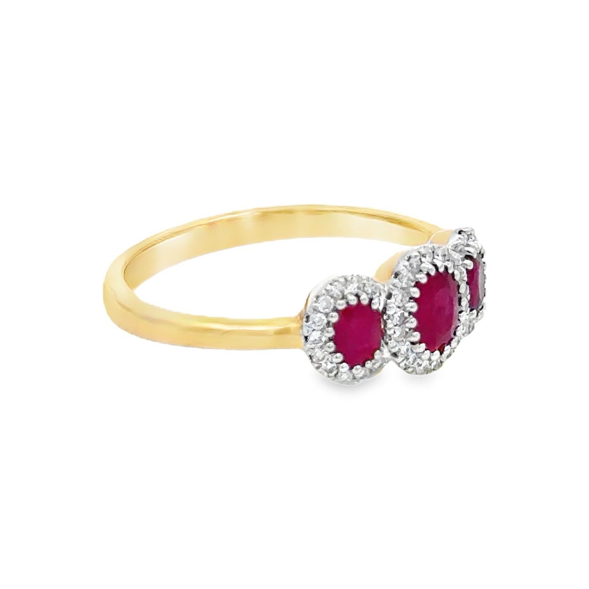 Ruby & Diamond Triple Cluster Ring 9ct Gold side