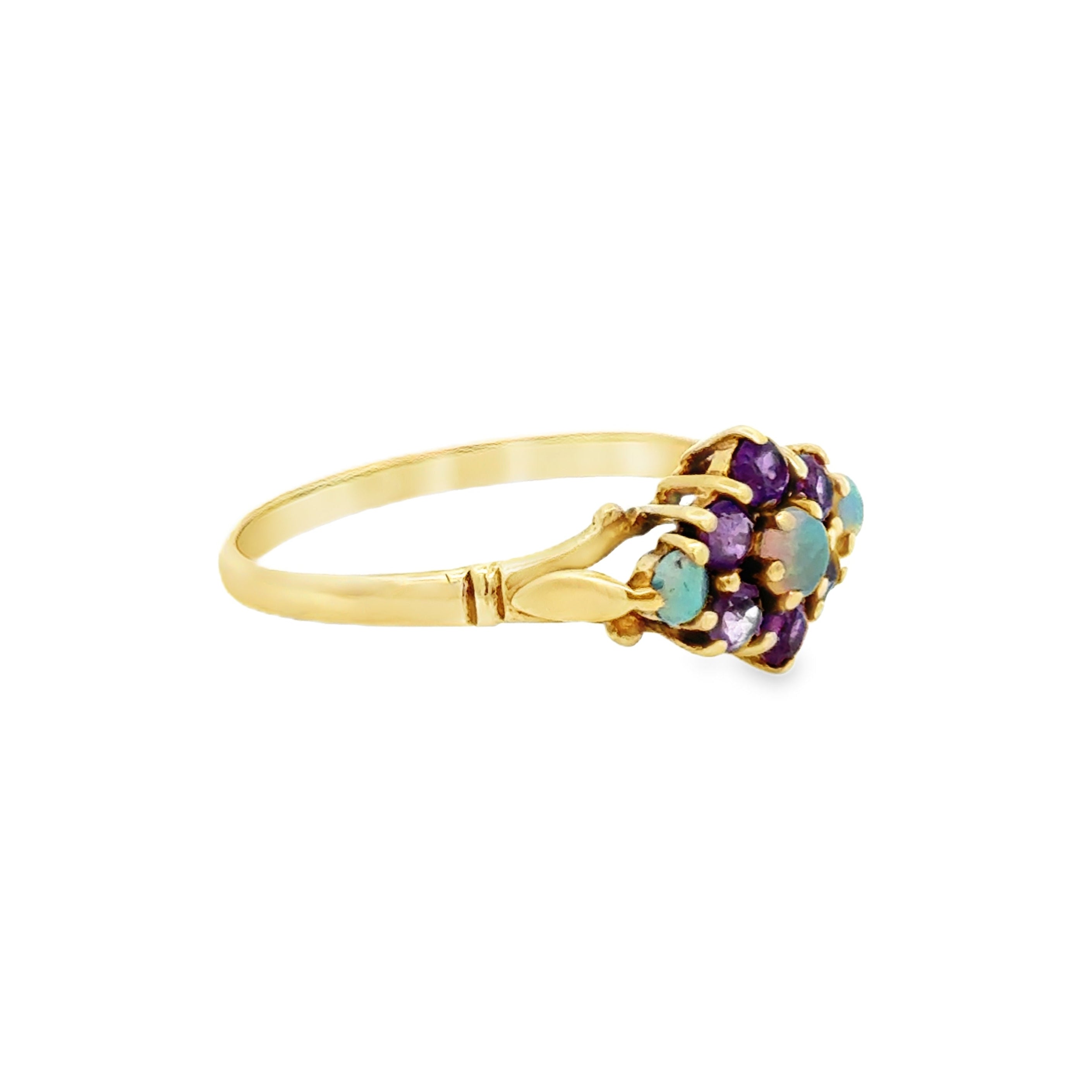 Pre Owned Opal & Amethyst Cluster Ring 9ct Gold SIDE