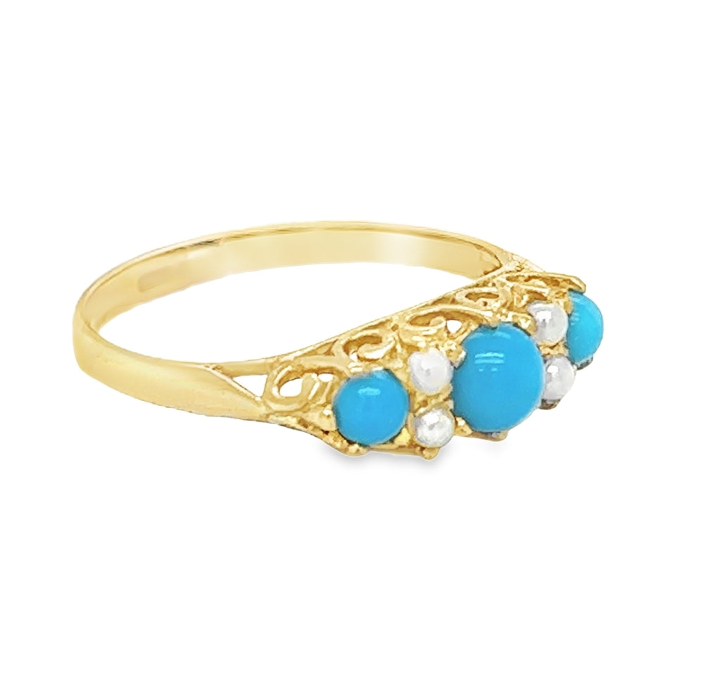 Pre Owned Turquoise & Seed Pearl Ring 9ct Gold side