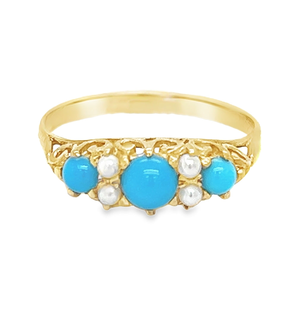 Pre Owned Turquoise & Seed Pearl Ring 9ct Gold