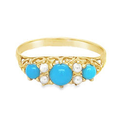 Pre Owned Turquoise & Seed Pearl Ring 9ct Gold