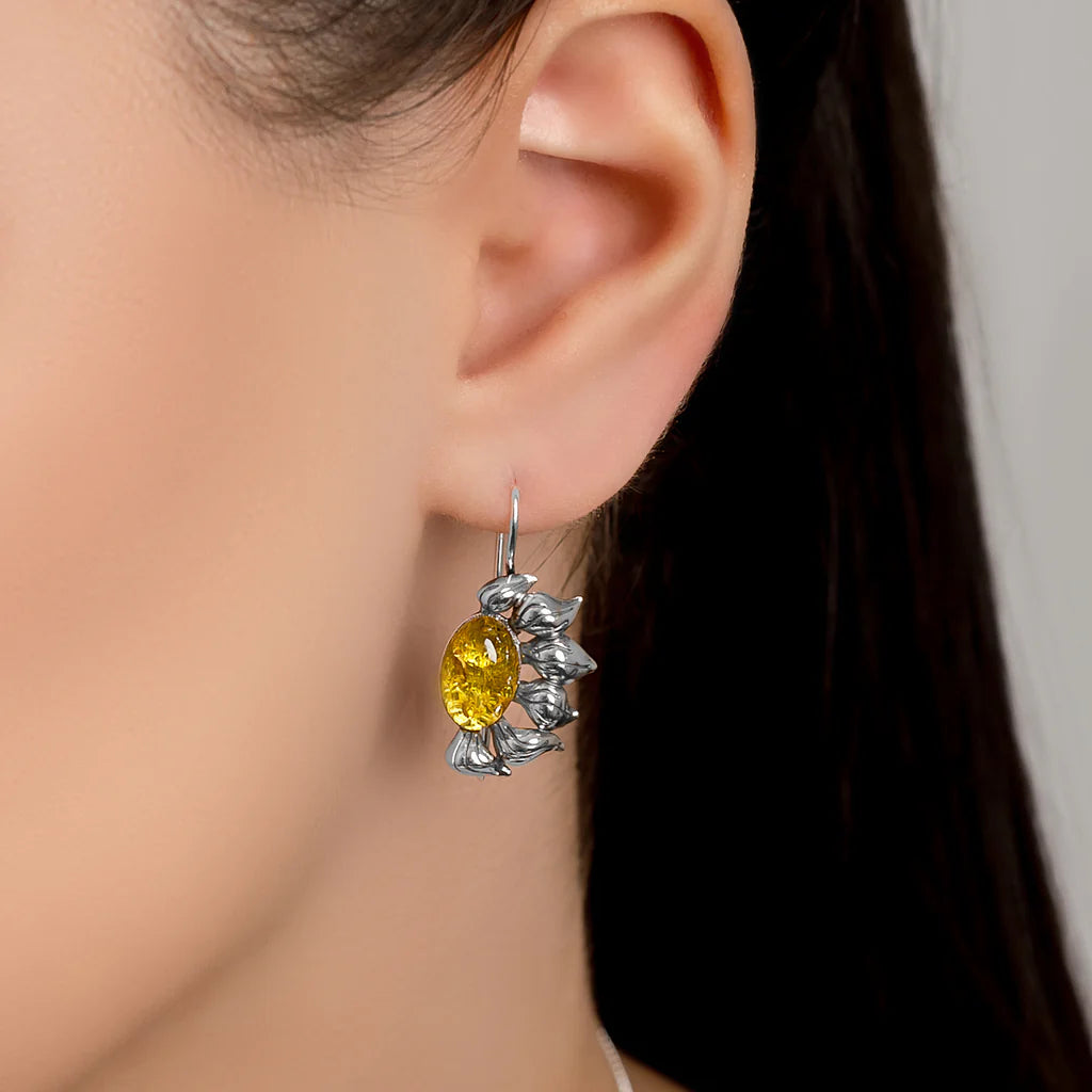 Henryka Ready to Bloom Sunflower Hook Earrings in Silver & Yellow Amber