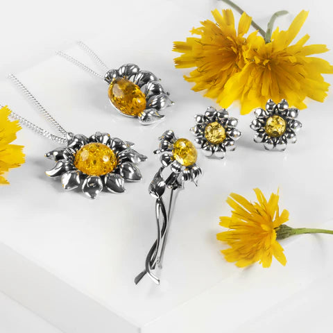 Henryka Ready to Bloom Sunflower Hook Earrings in Silver & Yellow Amber
