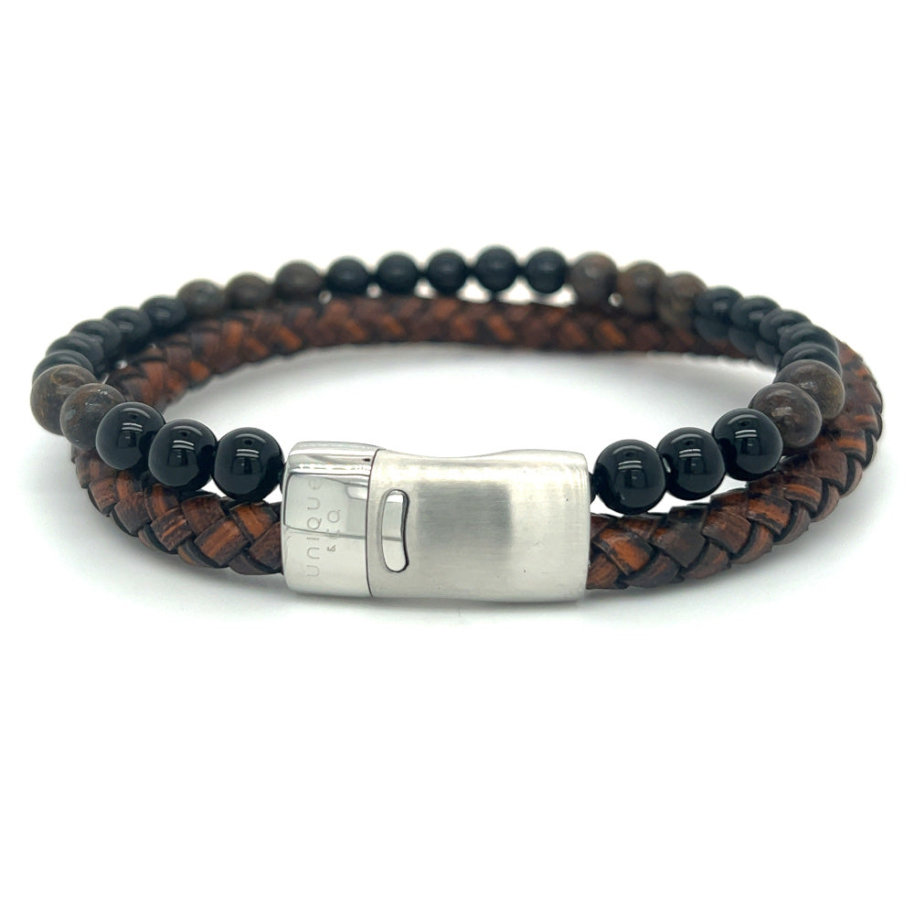 Unique & Co Men's Brown Leather, Onyx & Tigers Eye Bracelet B540