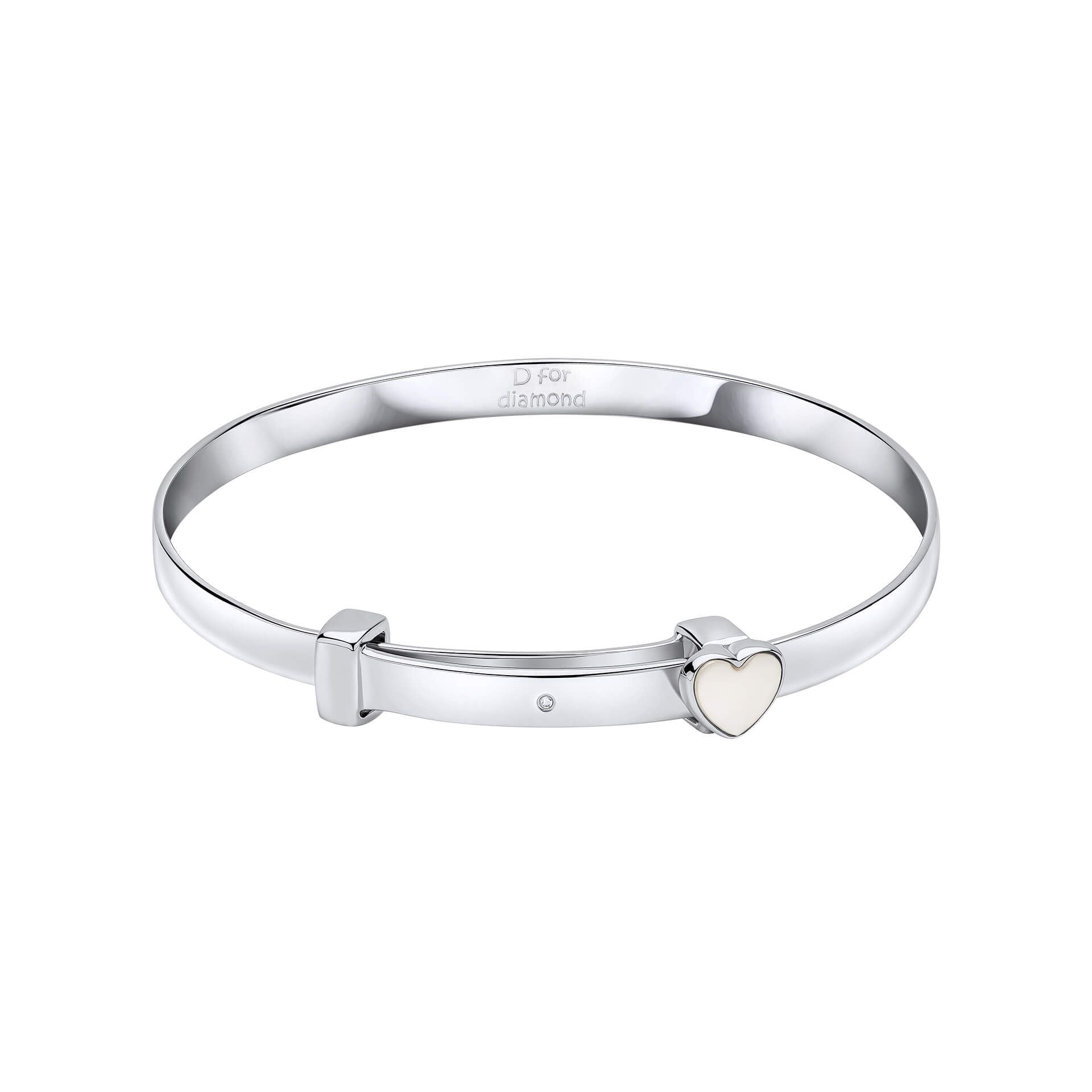 D for Diamond Silver Mother of Pearl Heart Expanding Bangle