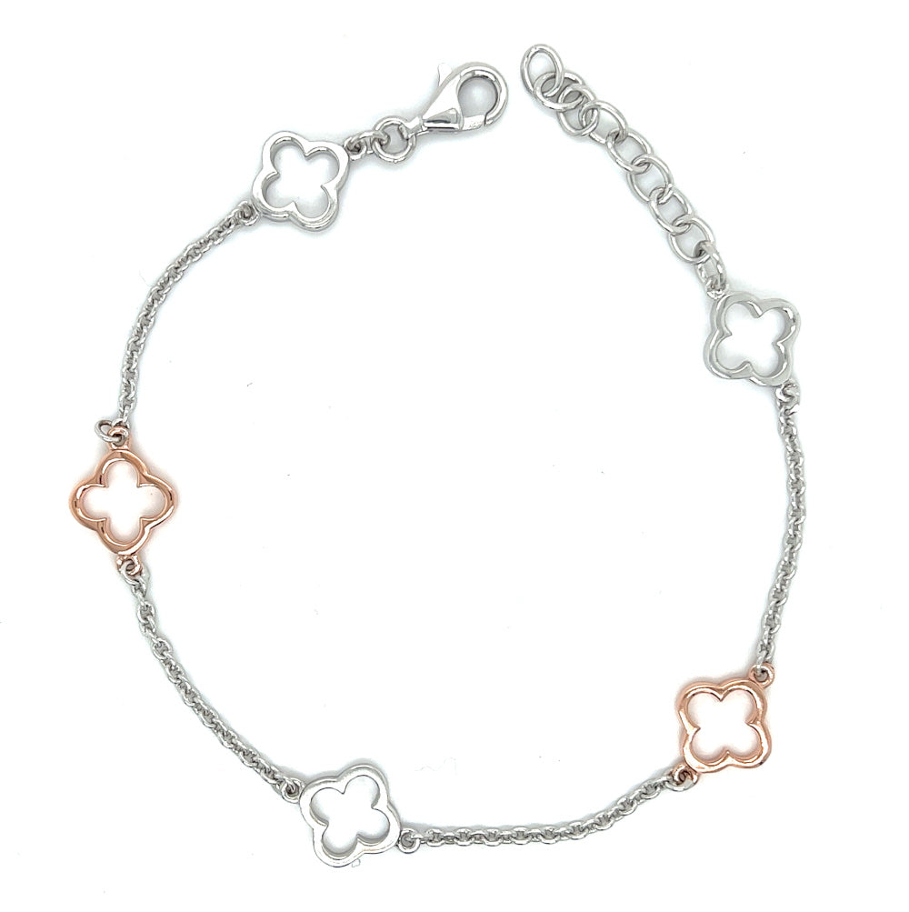 Sterling Silver & Rose Open Clover Bracelet