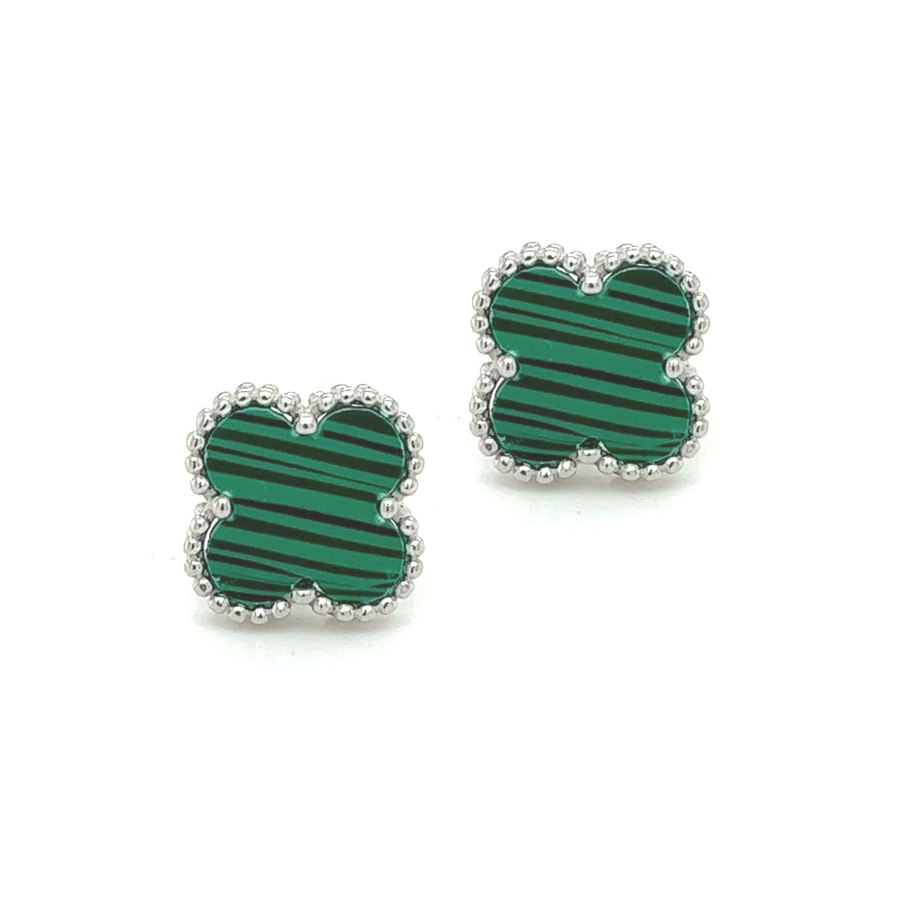 Silver Malachite Clover Stud Earring