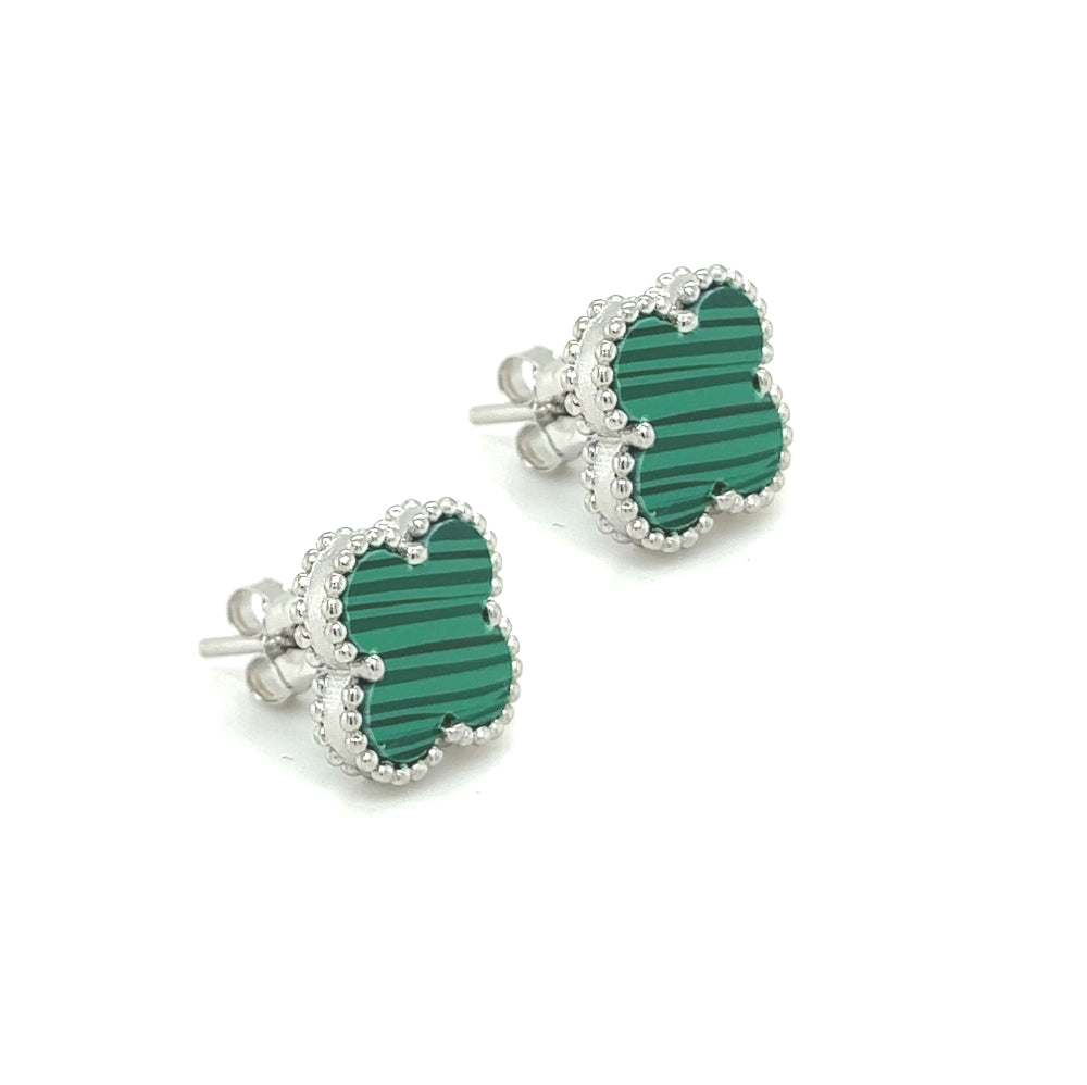 Silver Malachite Clover Stud Earring