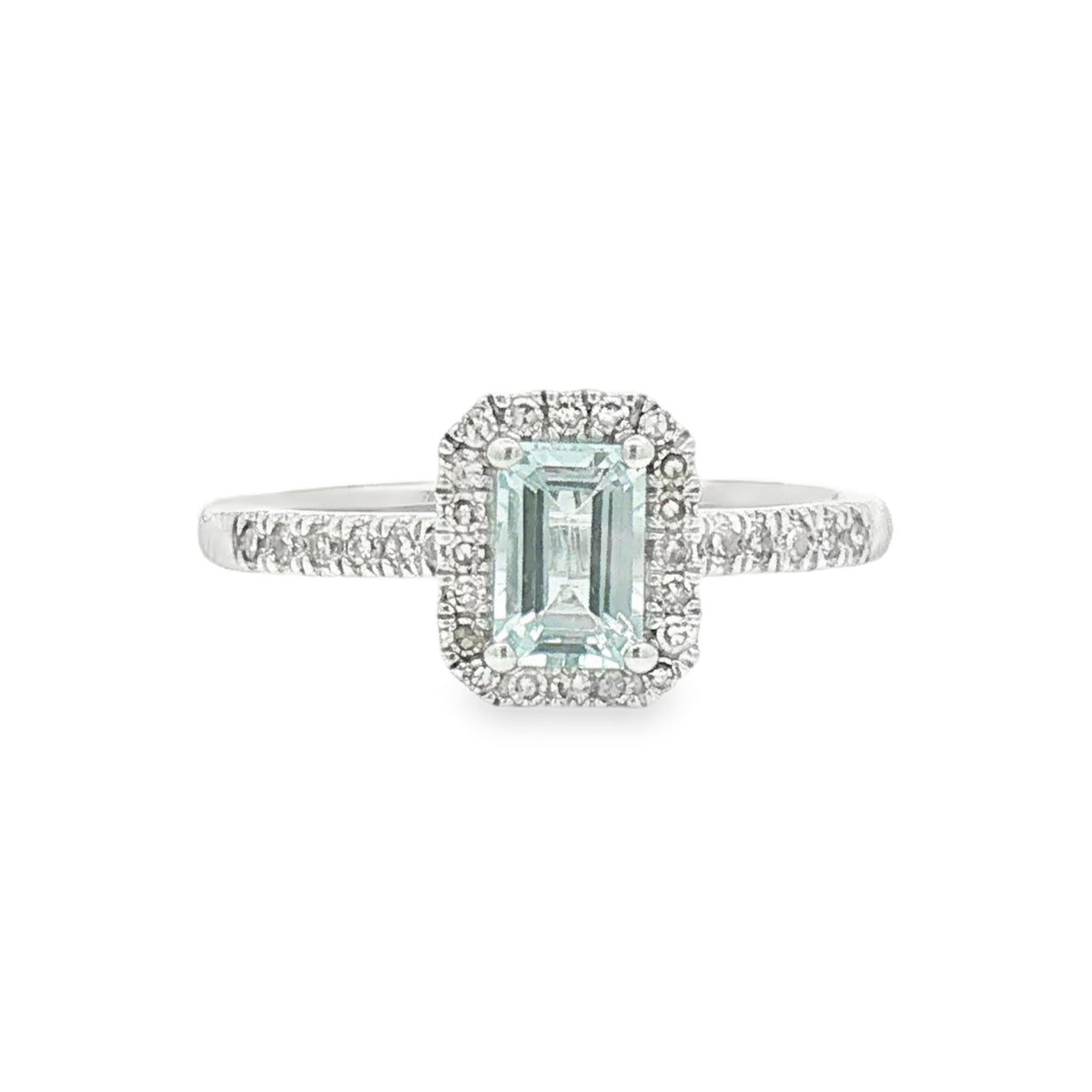 Aquamarine & Diamond Octagonal Cluster Ring 9ct White Gold