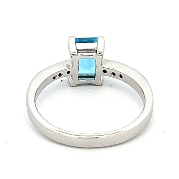 Rectangular Blue Topaz & Diamond Ring 9ct White Gold REAR