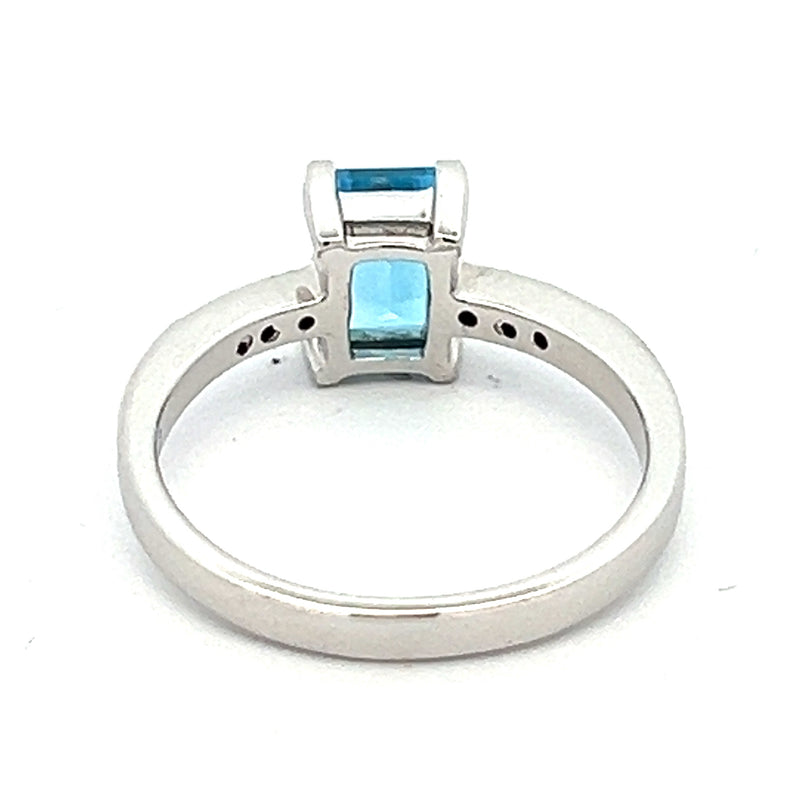 Rectangular Blue Topaz & Diamond Ring 9ct White Gold REAR