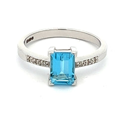 Rectangular Blue Topaz & Diamond Ring 9ct White Gold