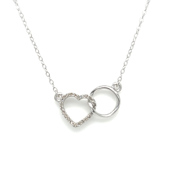 9ct White Gold Diamond Heart & Circle Entwined Necklace
