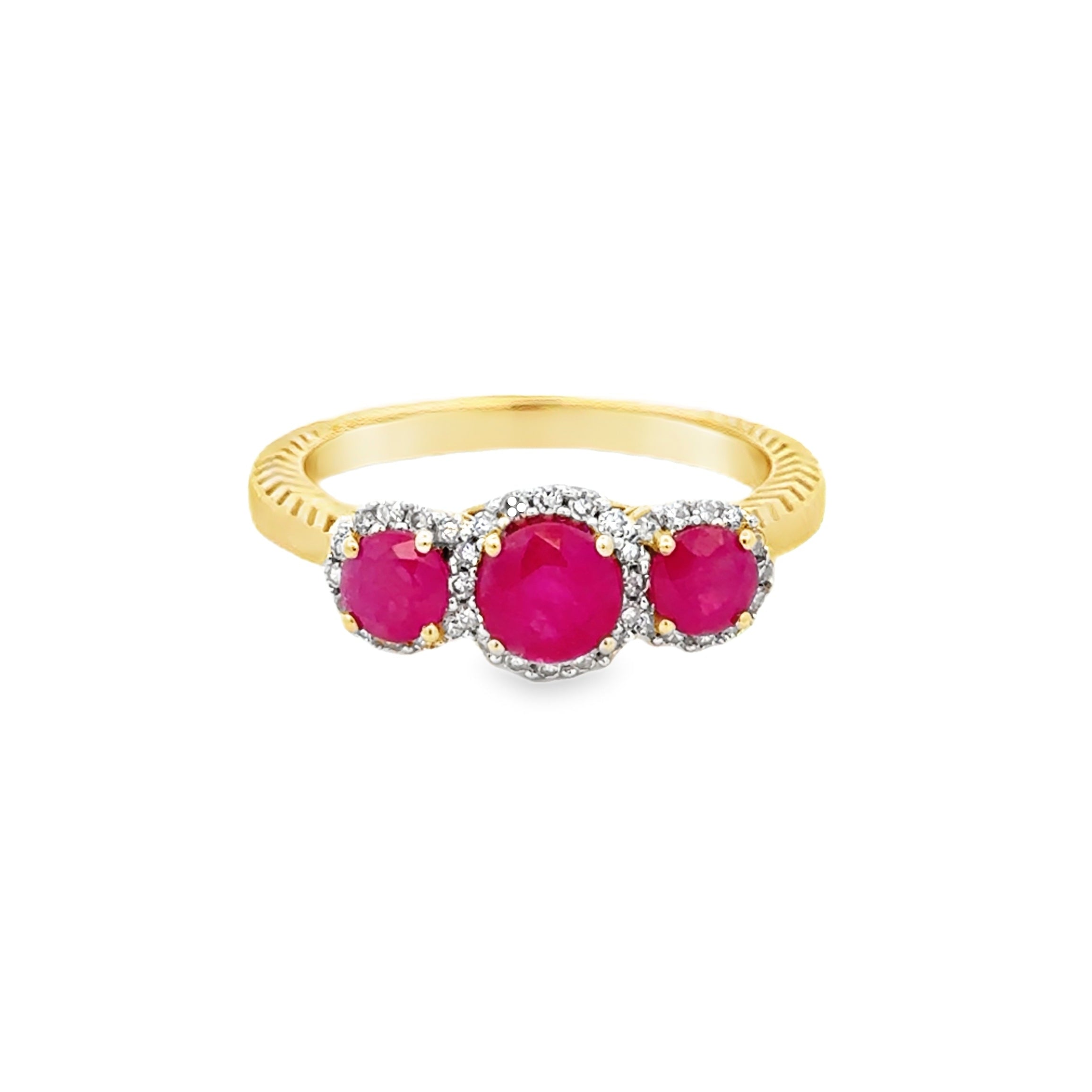 Triple Ruby Halo Diamond Ring 9ct Gold