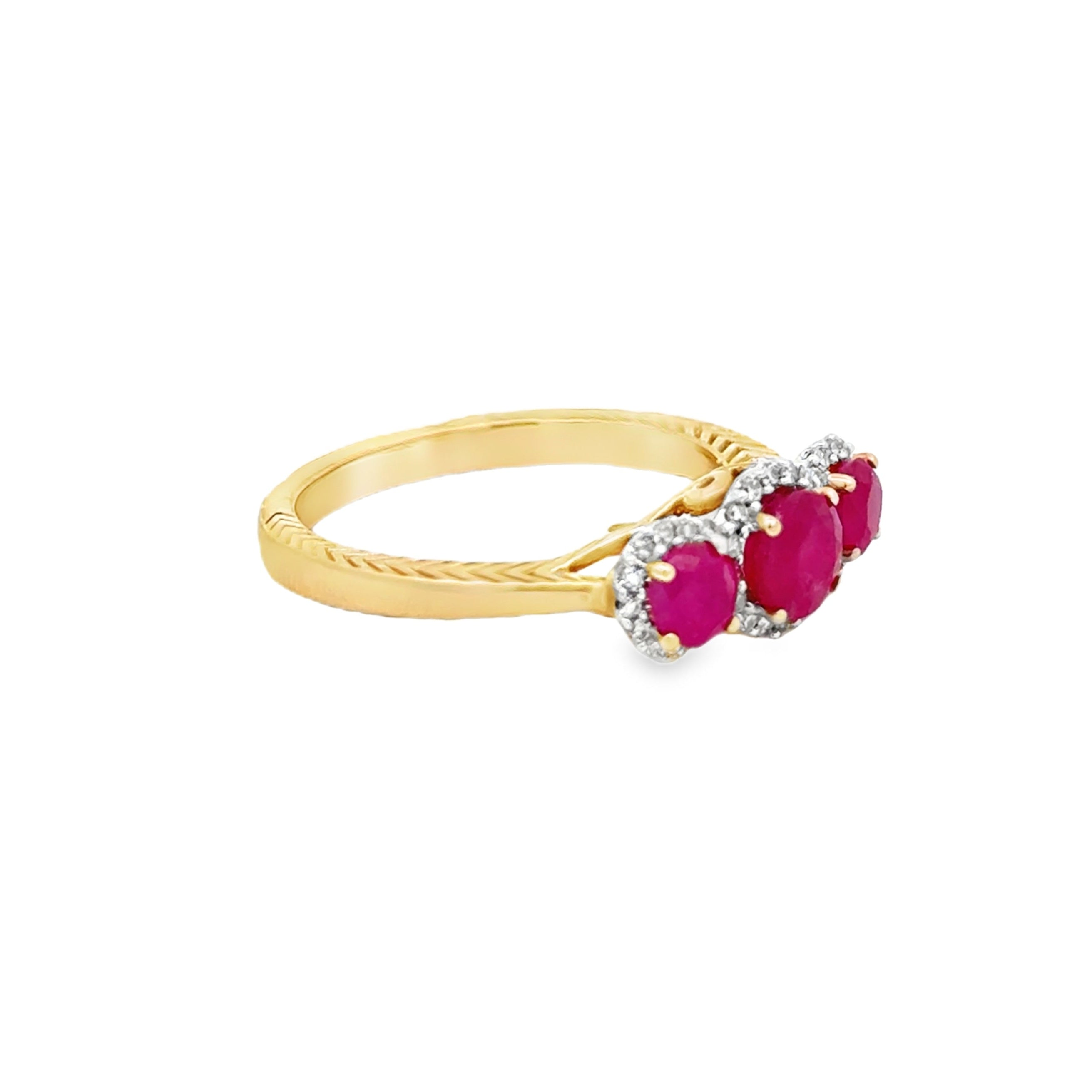 Triple Ruby Halo Diamond Ring 9ct Gold SIDE