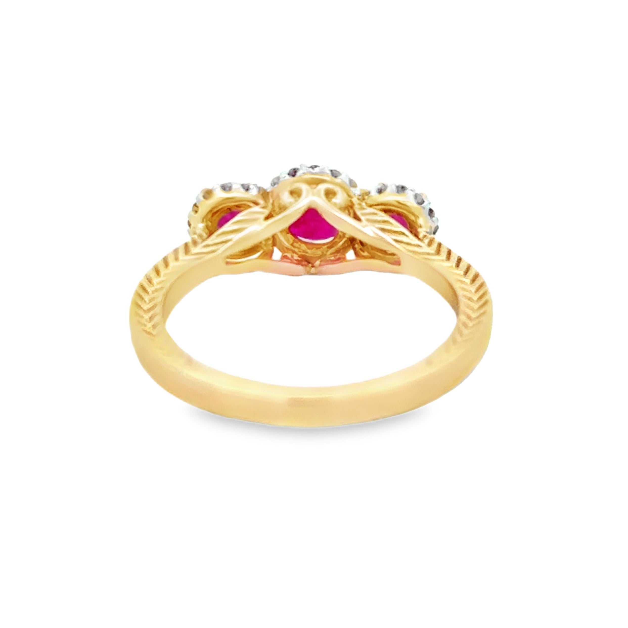 Triple Ruby Halo Diamond Ring 9ct Gold REAR