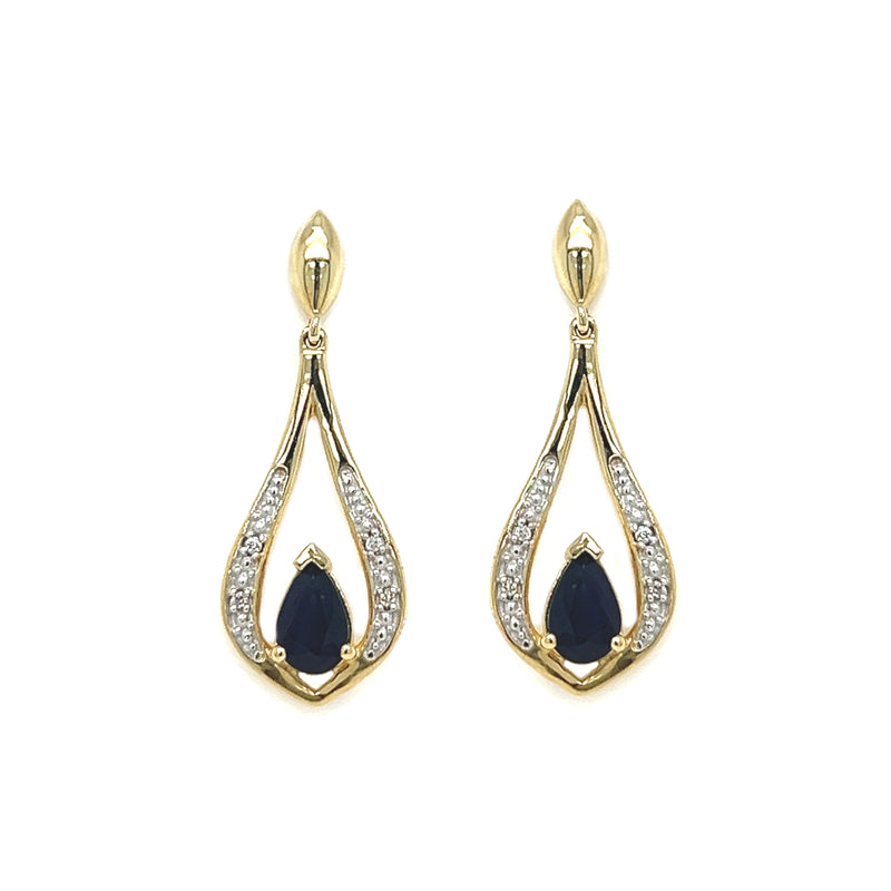 9ct Gold Pear Cut Sapphire & Diamond Drop Earrings