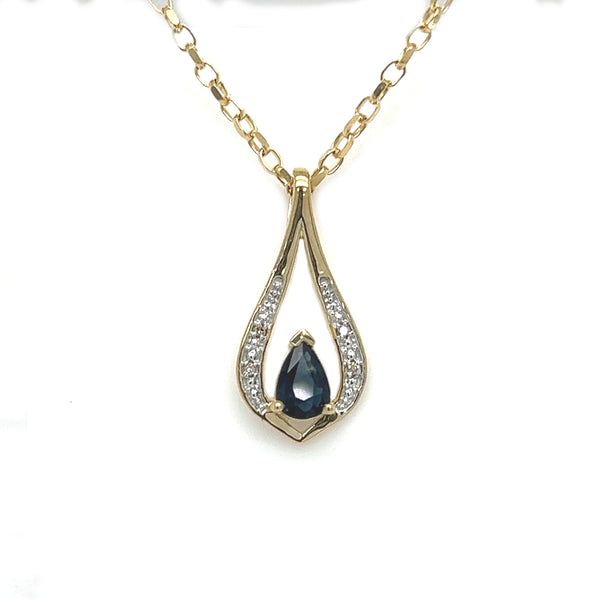 9ct Gold Pear Cut Sapphire & Diamond Drop Pendant