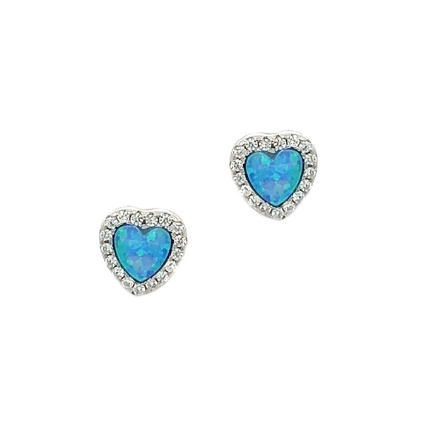 Sterling Silver Created Blue Opal & CZ Heart Earrings