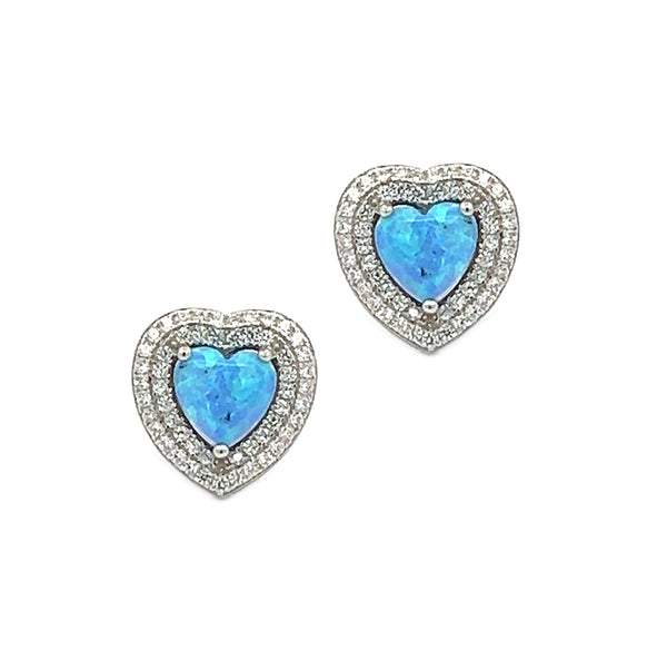 Sterling Silver Large Created Blue Opal & CZ Heart Earrings