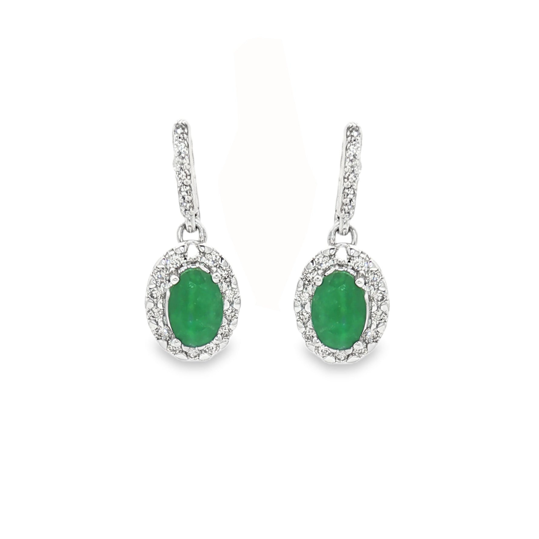 Emerald & Diamond Oval Cluster Drop Earrings 9ct White Gold