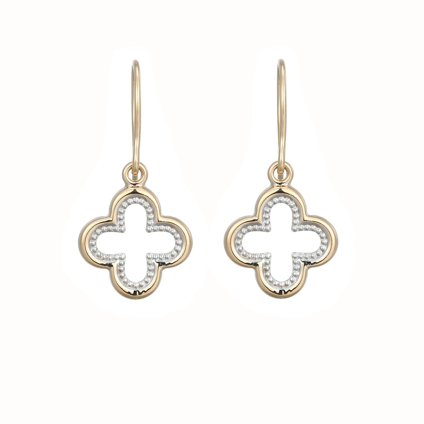 9ct Two Colour Gold Open Clover Drop Earrings