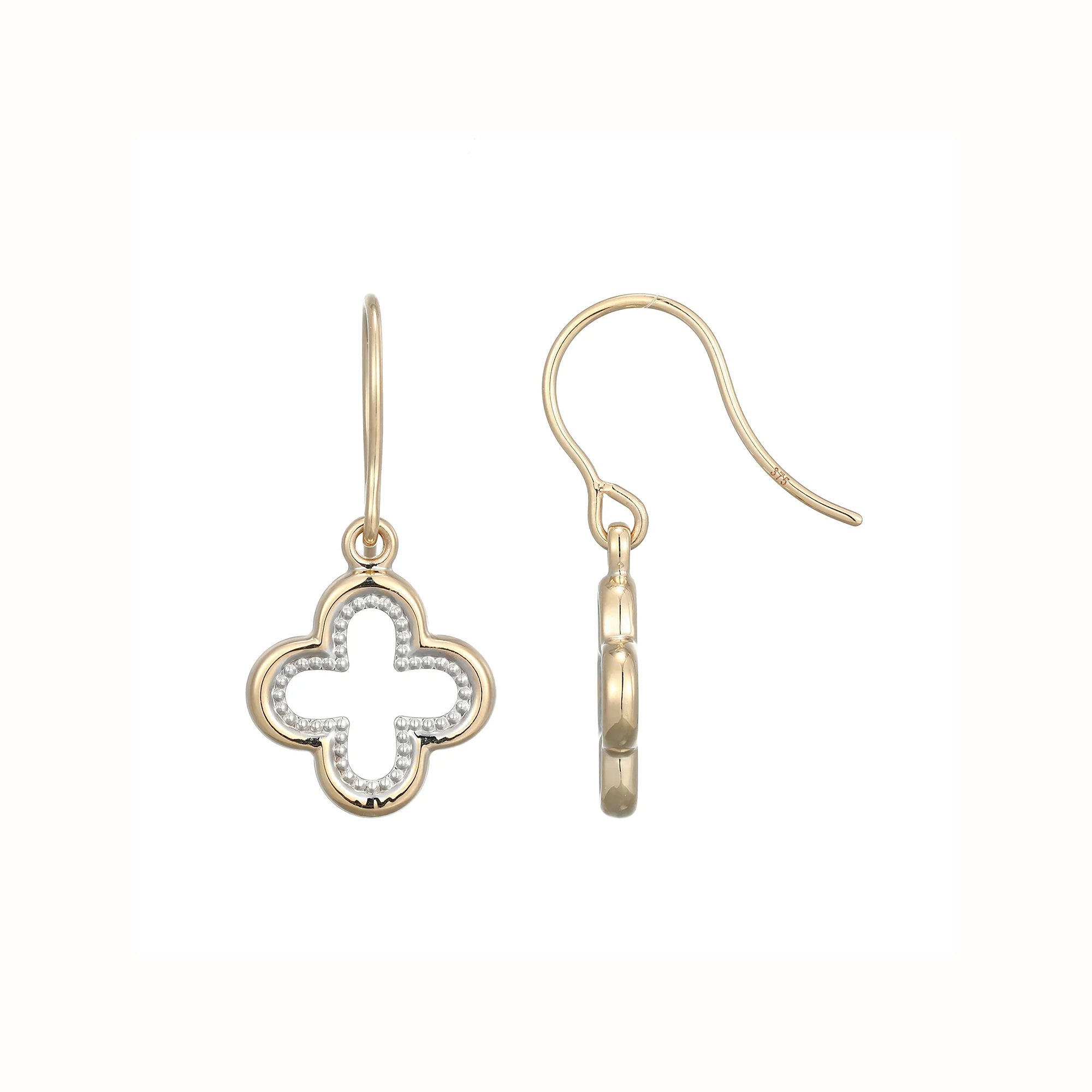 9ct Two Colour Gold Open Clover Drop Earrings side