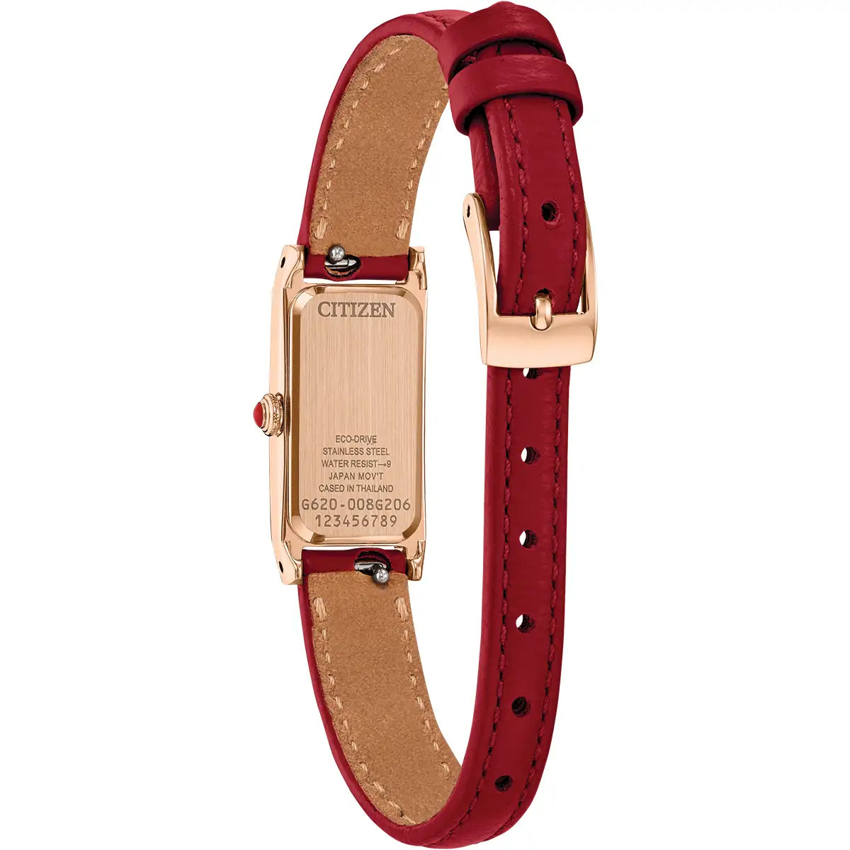 Citizen Eco Drive Ladies Fio Red Leather Strap Watch EG7123-01A rear profile