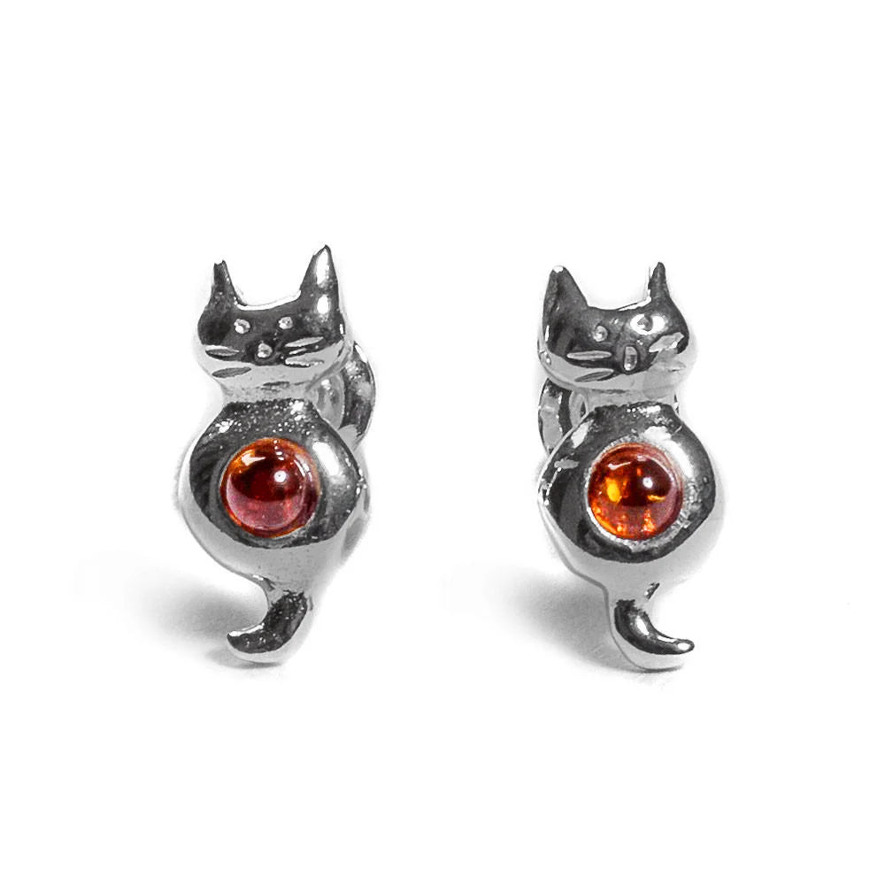 Henryka Sitting Cat Stud Earrings in Silver and Amber