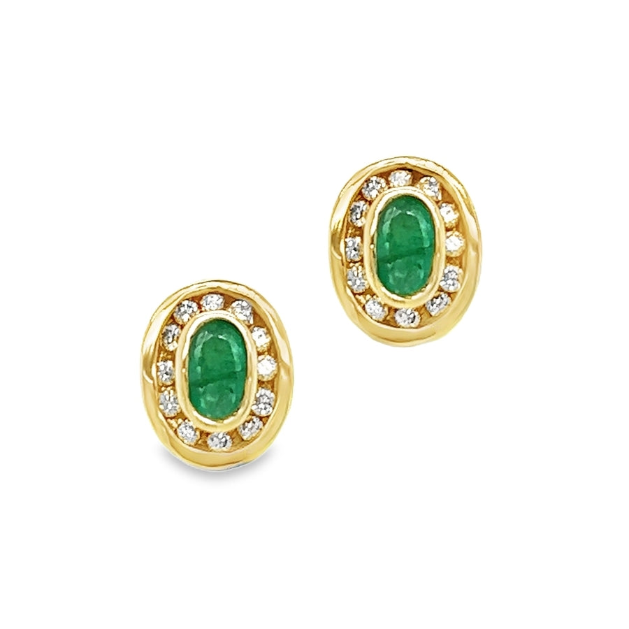 9ct Yellow Gold Emerald & Diamond Oval Earrings