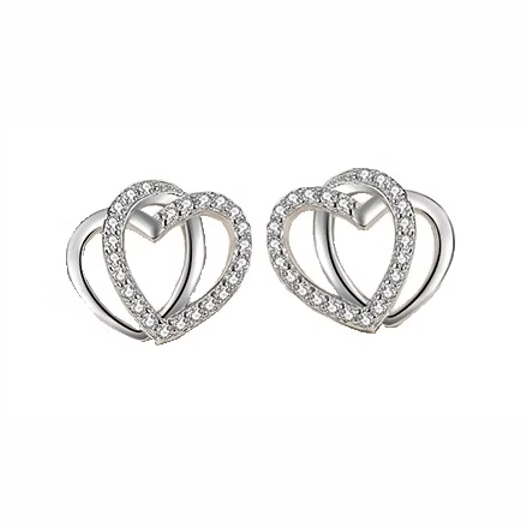 Sterling Silver Double Heart CZ Stud Earrings