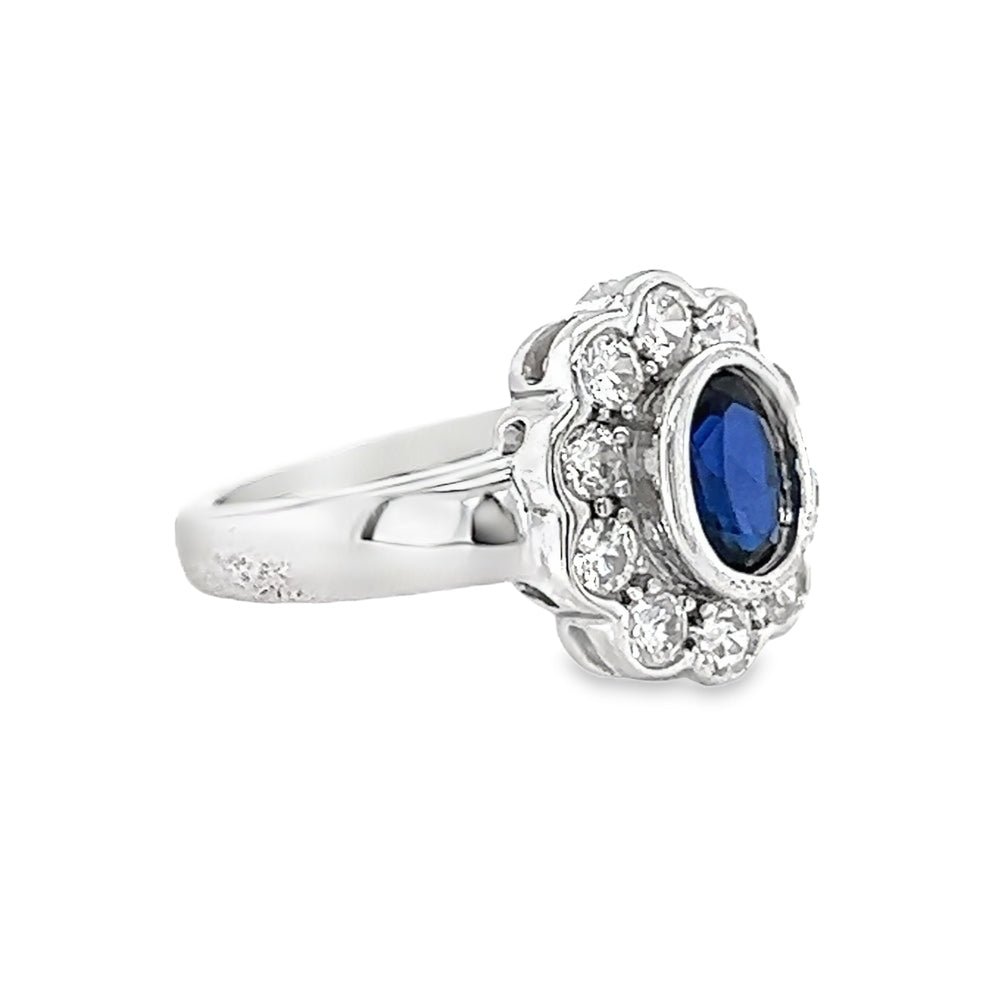 Silver Sapphire Blue & White CZ Classic Oval Cluster Ring side