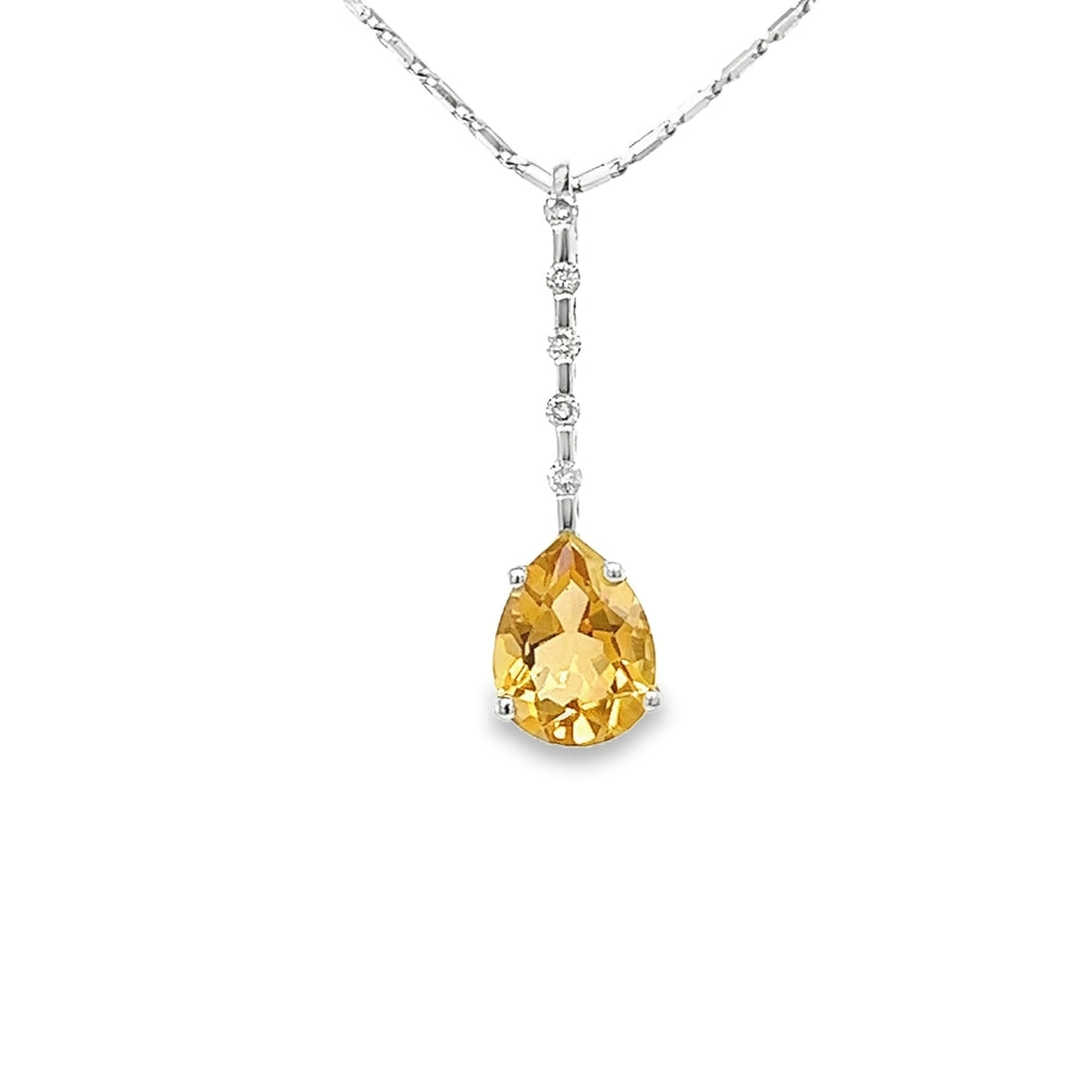 9ct White Gold Citrine & Diamond Drop Pendant
