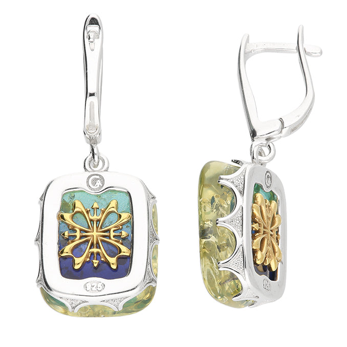 Sterling Silver Green Amber Cushion Drop Earrings REAR