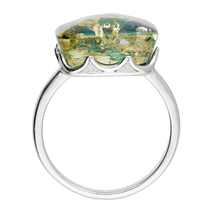 Sterling Silver Green Amber Cushion Ring profile