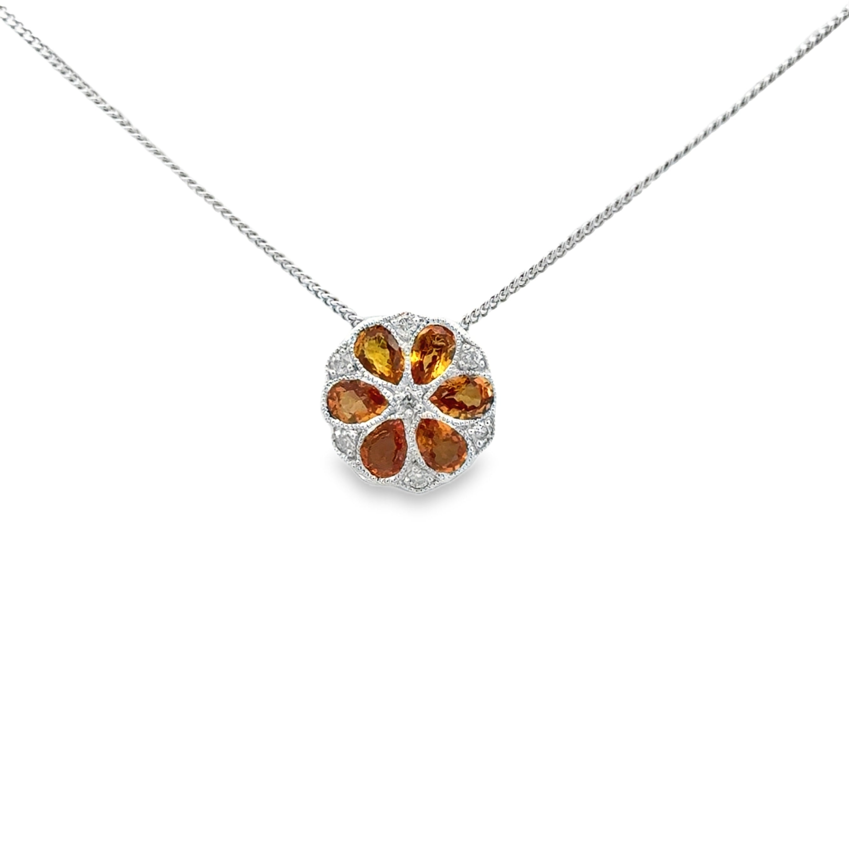 Orange Sapphire & Diamond Necklace 9ct White Gold