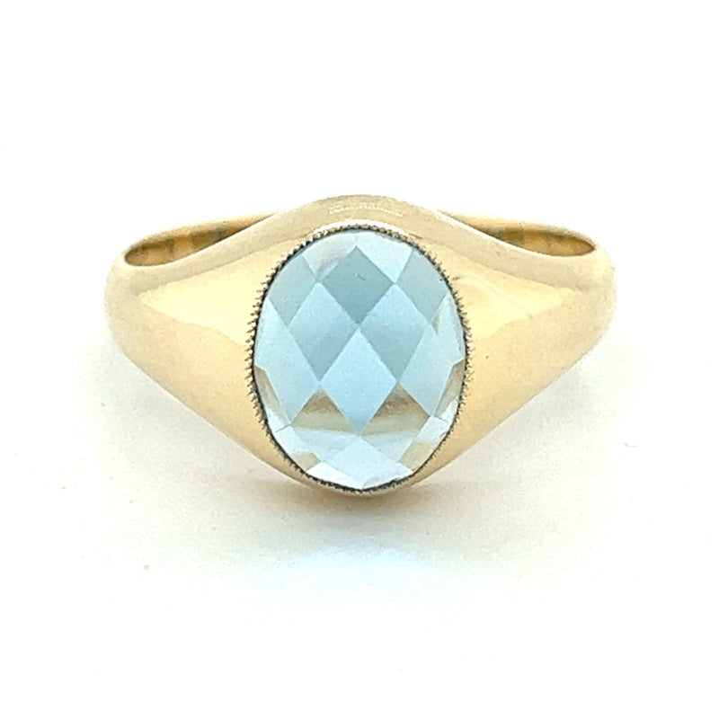 Faceted Oval Blue Topaz Signet Ring 9ct Gold