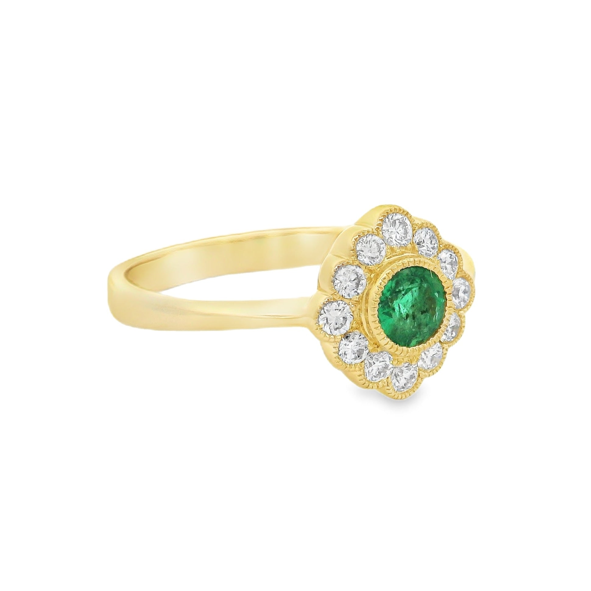Emerald & Diamond Cluster Ring 18ct Yellow Gold side