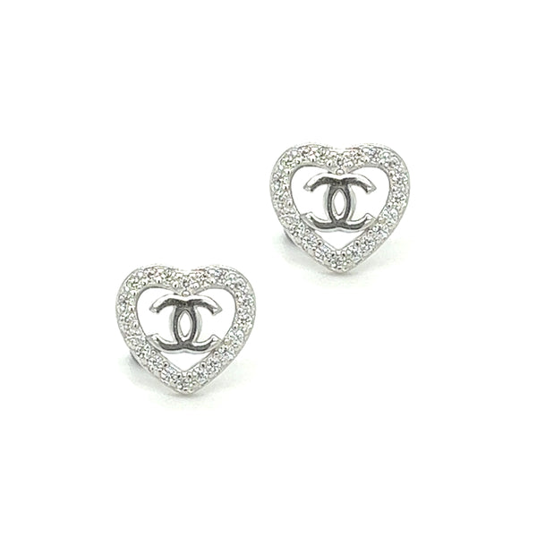 Sterling Silver Double 'C' Heart CZ Stud Earrings