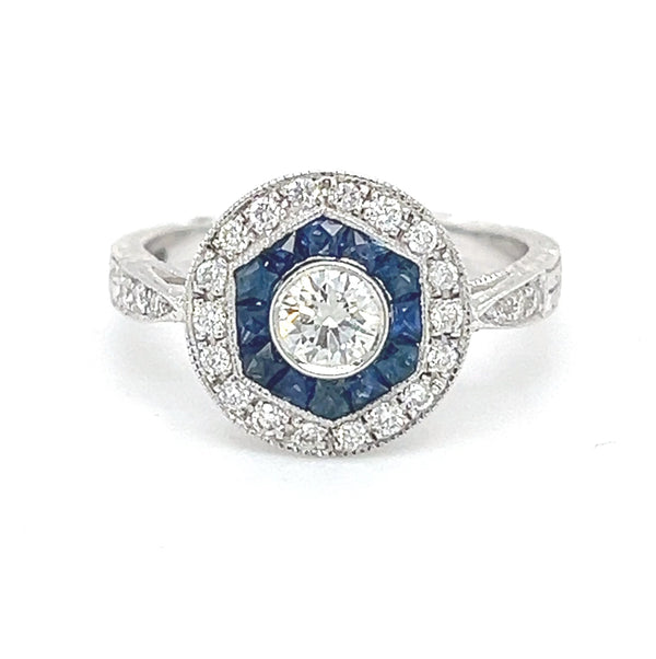 Sapphire & Diamond Deco Style Round Cluster Ring 18ct White Gold