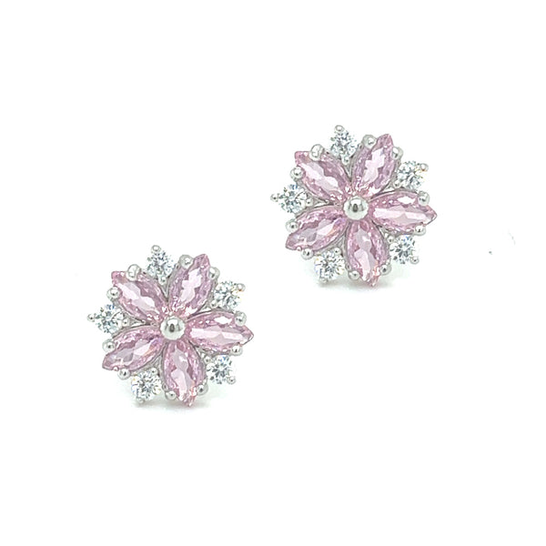 Sterling Silver Sky Pink & White CZ Cluster Earrings