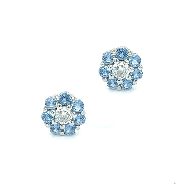 Sterling Silver Sky Blue & White CZ Daisy Cluster Earrings
