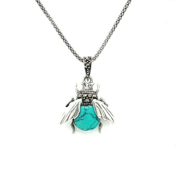 Silver Marcasite & Turquoise Bee Pendant