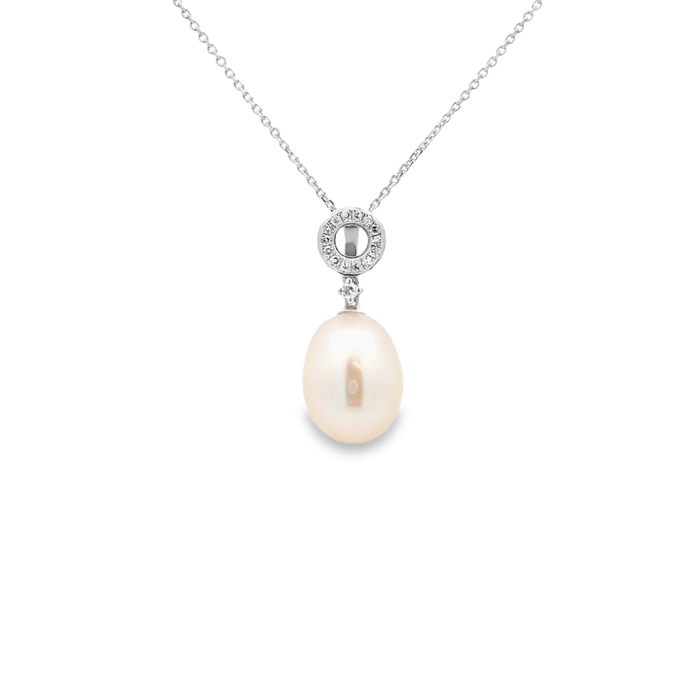 9ct White Gold Pearl & Diamond Circle Necklace