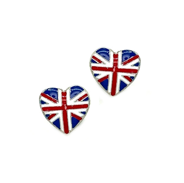 Silver Union Jack Heart Stud Earrings