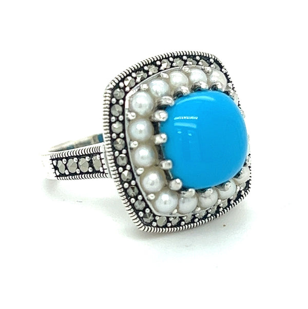 Silver Marcasite Pearl & Turquoise Ring